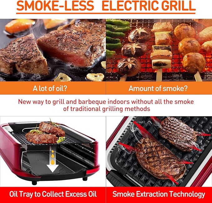Smokeless Indoor Grill, Techwood 1500W Electric Grill Portable Korean Grill Non-Stick Grill Plates with Temperature Control, Removable Drip Tray, Tempered Glass Lid, Dishwasher-Safe