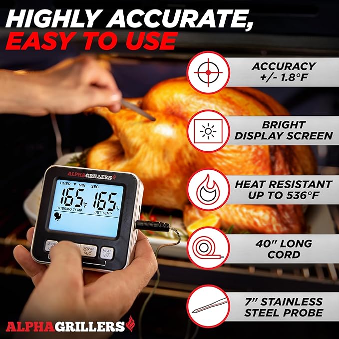 Alpha Grillers Meat Thermometer Digital - Kitchen Oven Thermometer for Cooking Food, Grilling, BBQ Smoker - 7 Preset Temperature Alerts, Timer, Alarm, & Stainless Steel Temperature Probe