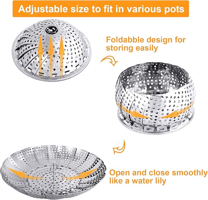 Veggie Vegetable Steamer Basket, Folding Steaming Basket, Metal Collapsible Stainless Steel Steamer Basket Insert for Cooking Food, Expandable Fit Various Size Pot(5.9" to 9.8") YLYL
