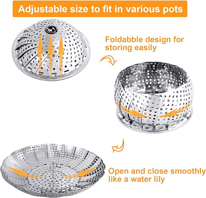 Large Veggie Vegetable Steamer Basket, Folding Steaming Basket, Collapsible Metal Stainless Steel Steamer Basket Insert, for Cooking Food, Expandable Fit Various Size Pot(7.1" to 11.8") YLYL