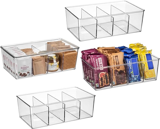ClearSpace Pantry Organization and Storage Bins with Removable Dividers & Lids – Perfect Pantry Organizers or Kitchen Organization – Refrigerator Organizer Bins, Cabinet Organizers, 4 Pack