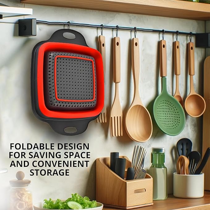Square Collapsible Colander with Handles – Red Square Silicone Kitchen Strainers with Plastic Handles Foldable Kitchen Strainer Perfect for Draining Pasta Vegetable and Fruit Red