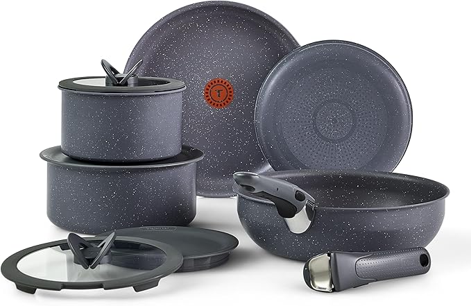 T-fal Ingenio Essentials Cookware Set with Detachable/Removable Handle 11 Piece, Granite Titanium Non Stick, Oven Broiler Safe 500F, Stackable, Pots and Pans Set, Frying Pans, Dishwasher Safe, Gray
