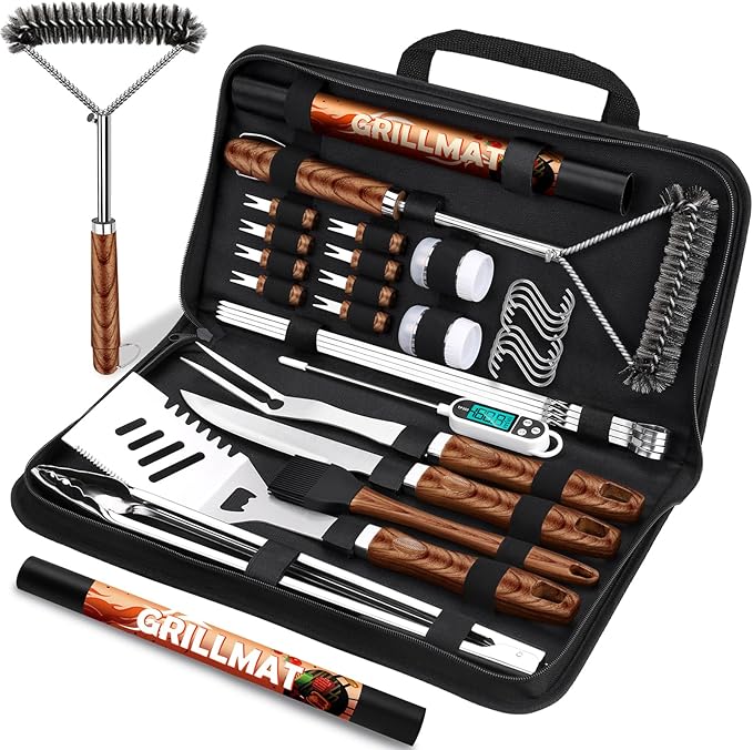 RINPIR 31pcs BBQ Grill Accessories Gifts for Men Dad, Heavy Duty Grilling Tools Gift Set for Father‘s Day, Stainless Steel BBQ Utensils Kit with Mats, Grill Brush in Carrying Bag Brown