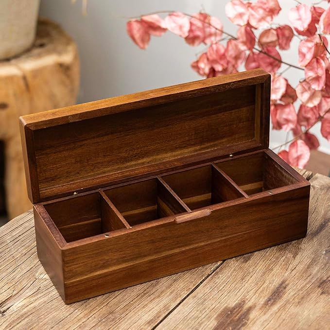 Acacia Wooden Tea Bag Organizers, Tea packet Storage Boxes, Tea Caddy for Tea Bags Chest, Teabag Holder Containers, Teabox Station Display, Organizador De Tes Caja Para Te, 4 Compartments