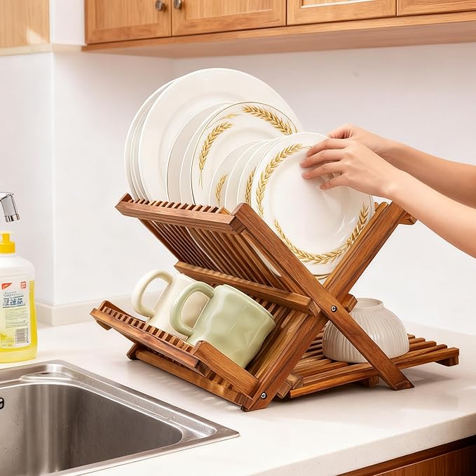 Utoplike 3 Tier Collapsible Teak Wood Dish Drying Rack, Foldable Large Capacity Dish Draine, Space-Saving Countertop Kitchen Organizer for Plates, Cups