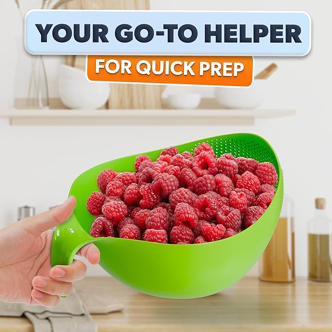Rice Strainer with Handle - Lightweight Rice Washer Strainer Bowl with Smart Design for Easy Water Draining, Easy to Use & Clean ABS Plastic Colander with Handle for Cereals, Pasta, Vegetables, Fruits