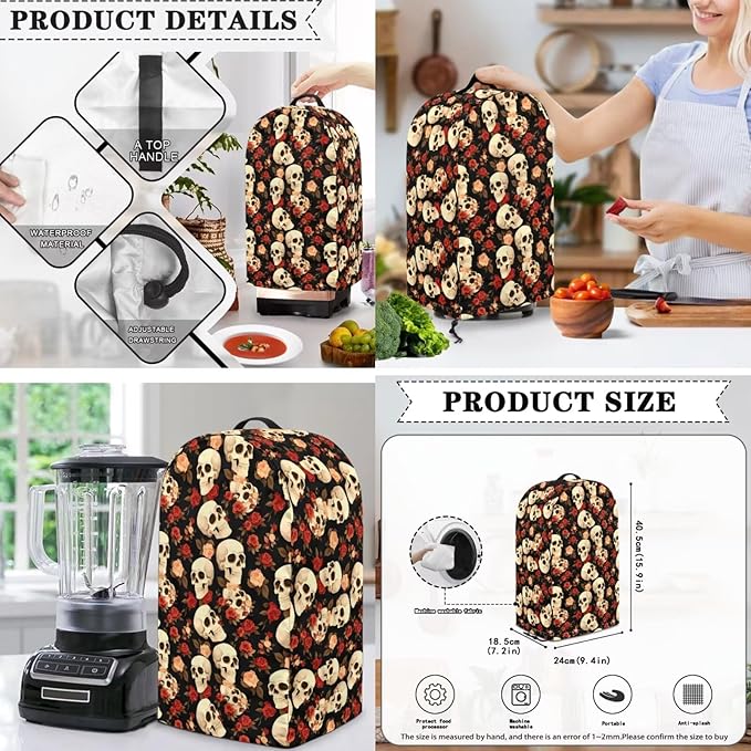 Rose Skulls Kitchen Appliance Covers 3 Pcs Set Gothic Toaster Covers 4 Slice Wide Slot & Blender Cover with Top Handle & Slow Cooker Dust Cover Halloween Decor