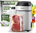 InstaSeal Vacuum Sealer for Food with 12 Bags, Preserves Foods 5x Longer, Space Saving Compact Upright Design Allows Machine to Seal Marinades, Soups, Meats for Sous Vide Cooking, Vegetables