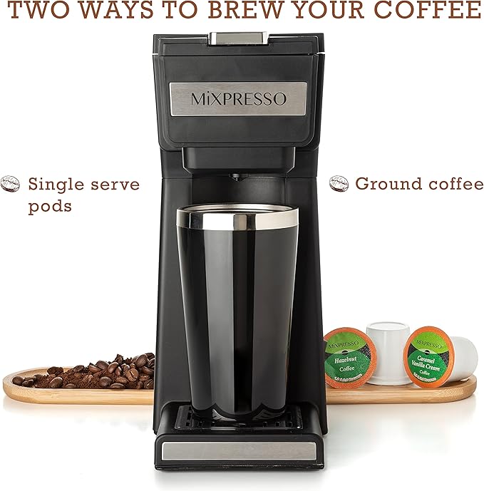 Mixpresso Coffee Maker Single Serve For Ground Coffee & Compatible With K Cup Pods, With 14oz Travel Mug & Reusable Filter For Home, Office & Camping.