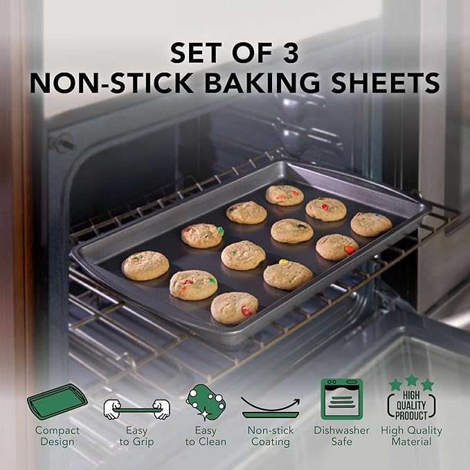 Nifty Cookie & Baking Sheets (Set of 3) – Non-Stick Coated Steel, Dishwasher Safe, Oven Safe up to 450 Degrees, includes Large/Med/Small Pans