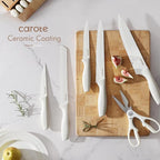 CAROTE 15Piece Knife Set, Kitchen Knife Block Set, Elegant White Ceramic-Coated Blades with Stylish Wooden Block for Modern Culinary Excellence