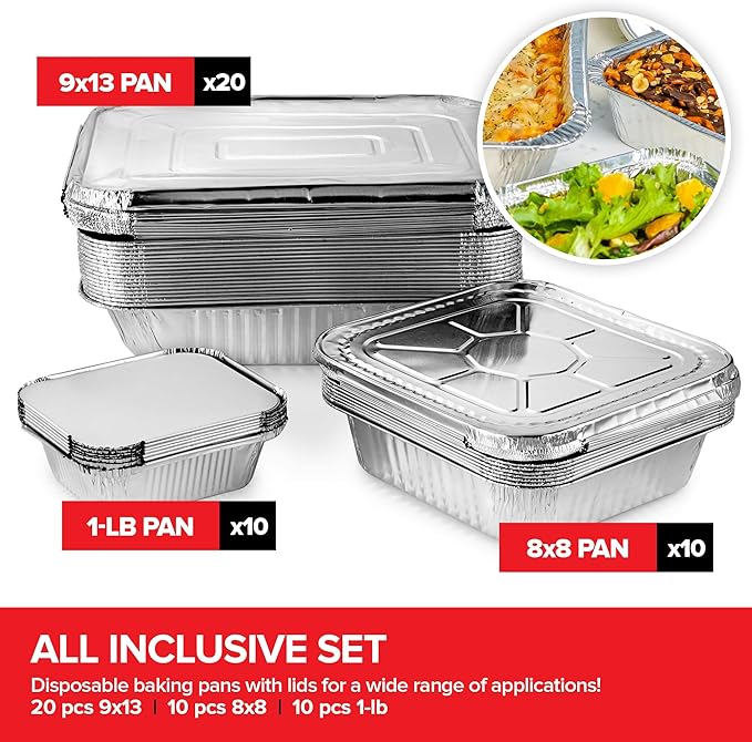 Stock Your Home Disposable Foil Pans with Lids (Set of 40) Heavy Duty Aluminum Pans with Lids (20) 9x13, (10) 8x8, (10) 1-Lb Baking Tins with Covers for Cooking, Heating, Storing, Holiday Dinner Meals