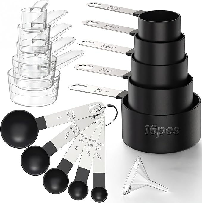 16PCS Measuring Cups and Spoons Set, Measuring Spoon Set with Metric and US Measurements, Fits for Measuring Dry and Liquid - Black