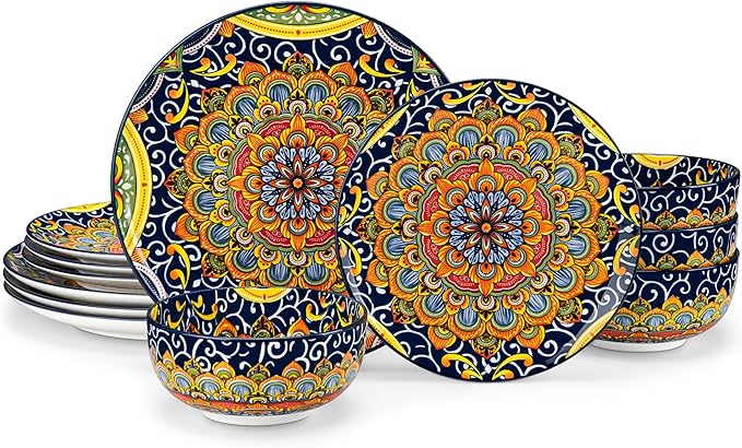 vancasso 12 Pieces Dinnerware Sets, Dark Green Plates and Bowls Set, Porcelain Dishes Set for 4, Microwave and Dishwasher Safe, Scratch Resistant, Bohemian Style Dining Ware Service for 4, Series SIMI