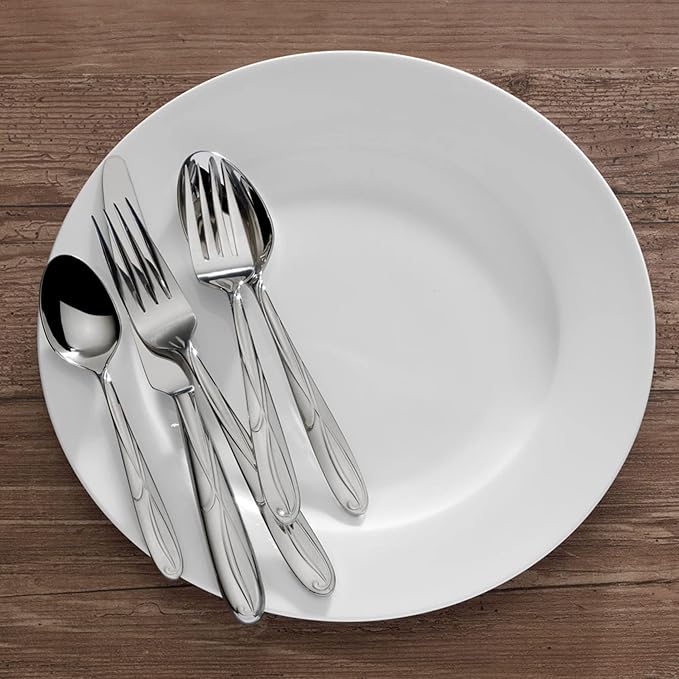 Mikasa Cocoa Blossom 65-Piece Flatware Set for 12, 18/10 Stainless Steel Silverware with Full Service and Serving Utensils, Elegant Floral Design