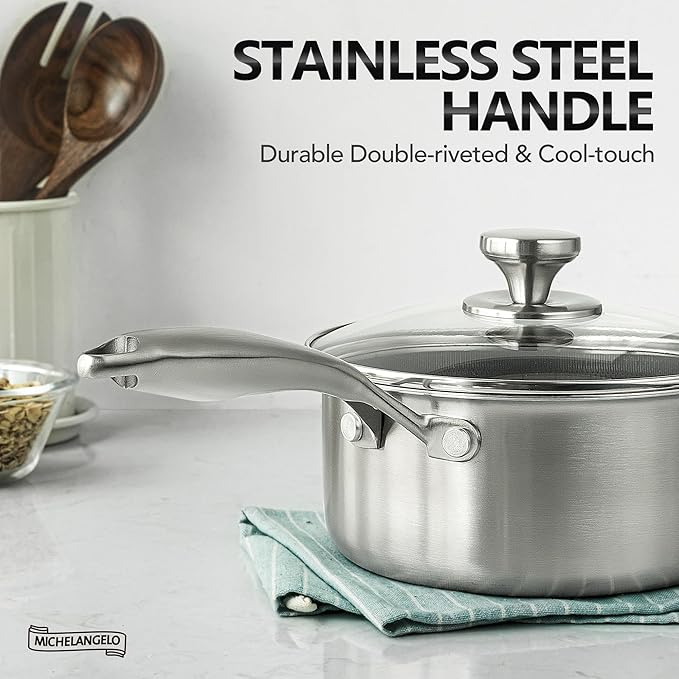 MICHELANGELO Stainless Steel Saucepan Set 1QT & 2QT, Premium Triple Ply Sauce Pan with Lid, Sauce Pot with Honeycomb Interior - 4pcs