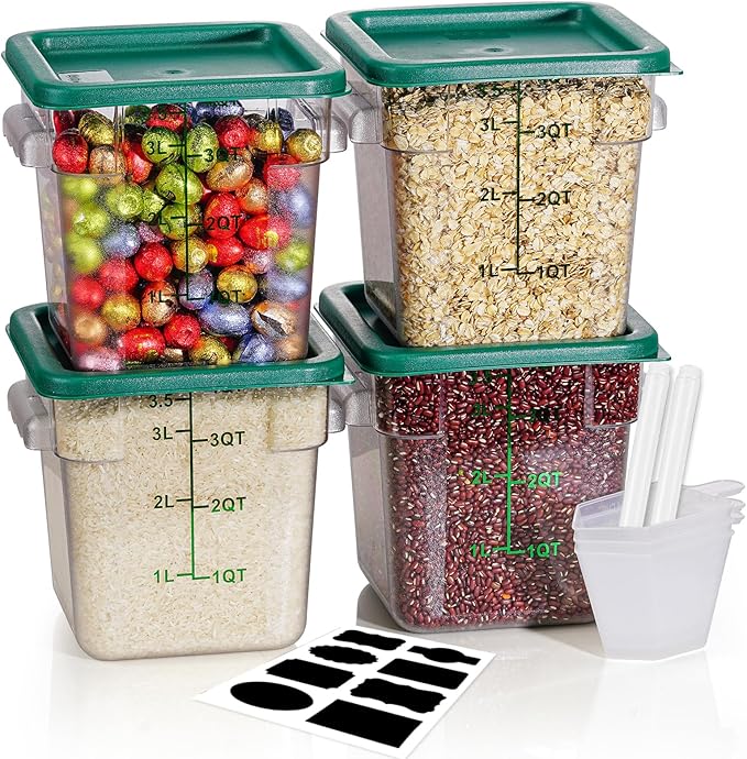 4QT NSF Food Storage Containers: 8 PCS [Food Grade][Hot&Cold Resistant] Commercial Clear Food Storage Containers with Lids for Restaurant Kitchen Proof Dough, Measuring Spoons Included(Green)