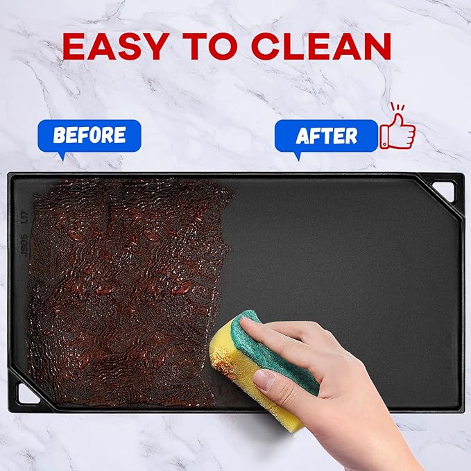 GGC Reversible Cast Iron Griddle, Double-sided Griddle Pan for Stove Tops, Gas Grills and Outdoor Cooking, 16.5 x 9.5 Baking Flat and Ribbed Griddle Plate