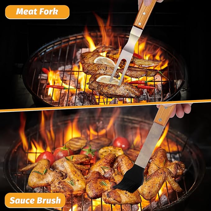 PURPLEBIRD Grill Utensils Set with Brush - 5pcs Grilling Tools Set with Bag Apron, Heavy Duty BBQ Tool Sets with Long Wood Handle, Stainless Grilling Accessories for Outdoor Grill