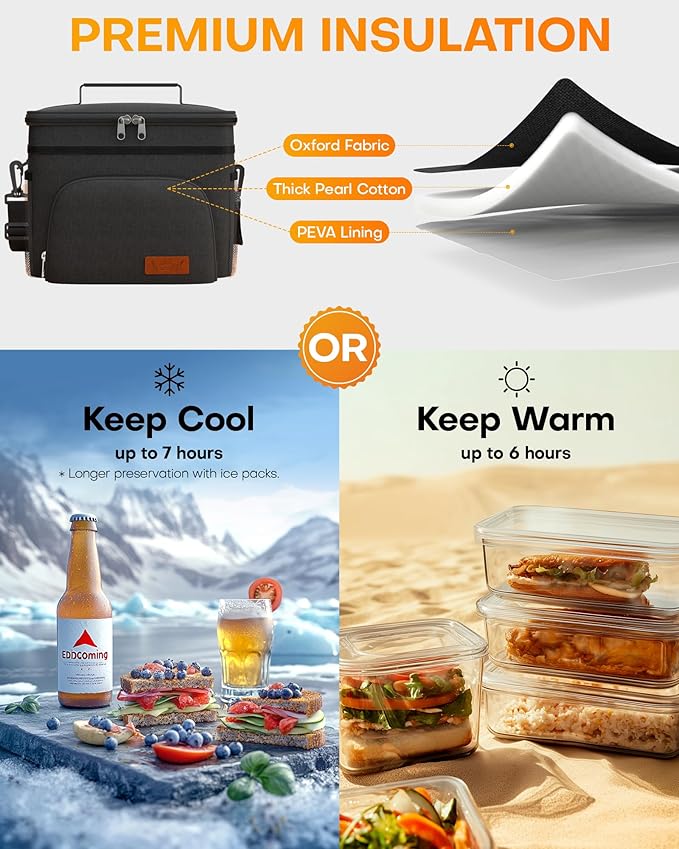 HOTOR Insulated Lunch Box for Men & Women - Leak-Proof Cooler Lunch Bag with 4 Pockets, Adjustable Strap, Ideal for Work, Picnic, Travel - Large, Black, 13.0"×7.9"×9.1"