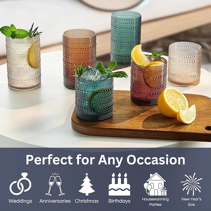 Khen Plastic Hobnail Drinking Glasses Set of 12 Neutral Tones Cups 6x 10oz Lowball & 6x 1oz Highball Acrylic Beaded Design, BPA-Free, Dishwasher Safe Indoor/Outdoor Drinkware Water, Juice, Cocktails