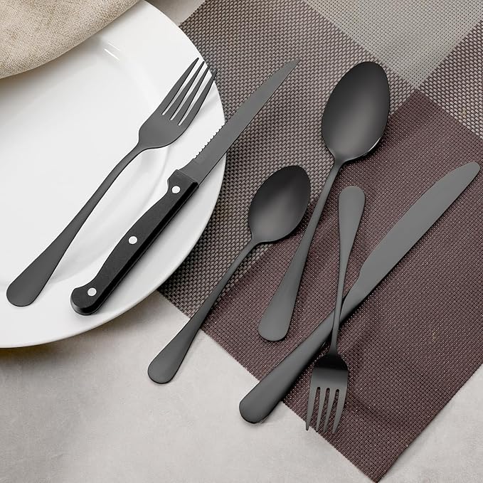 24 Pcs Black Forks and Spoons Silverware Set, Food Grade Stainless Steel Flatware Cutlery Set for Kitchen and Restaurant, 12 Dinner Fork(8") and 12 Teaspoon(6.7"), Mirror Polished, Dishwasher Safe