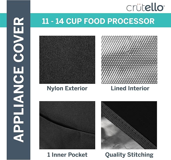 Crutello Food Processor Cover with Storage Pockets for Large Custom 11-14 Cup Processors - Compatible with Ninja Blender - Large Black Food Processor Cover