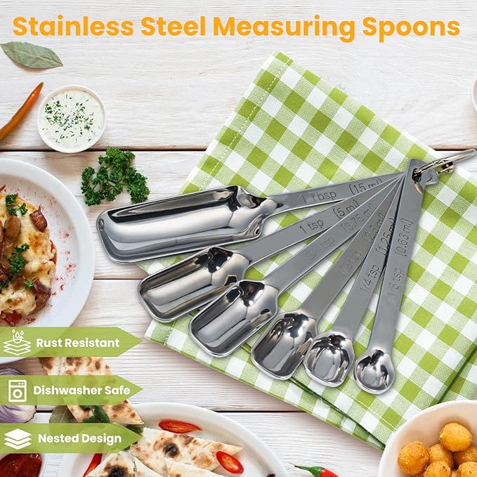 Stainless Steel Measuring Spoons Set of 11, Includes 6 Rectangular Measuring Spoons and 5 Tiny Spoons, Compact Spoons Design for Narrow Spice Jars, Ideal for Dry and Liquid Ingredients