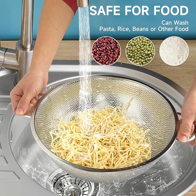 3PCS Colander for Kitchen, 3QT & 4QT & 5QT, Stainless Steel Colander Strainer with Handle for Fruits Vegetables Cooking Food, Dishwasher Safe