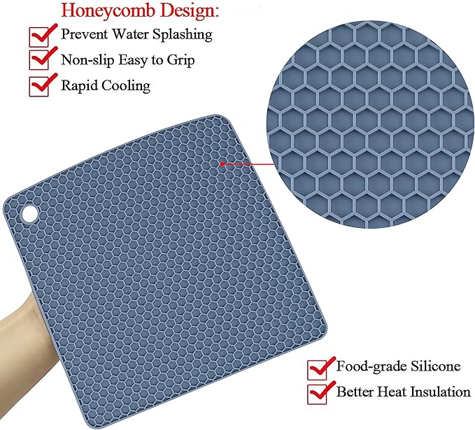 4 Pack Silicone Trivet Mat, Silicone Trivets for Hot Pots and Pans, Non-Slip & Heat Resistant Silicone Hot Pad for Kitchen Counter Mat Set, Soft Drying Mat, Jar Opener and Coasters, Square, Blue