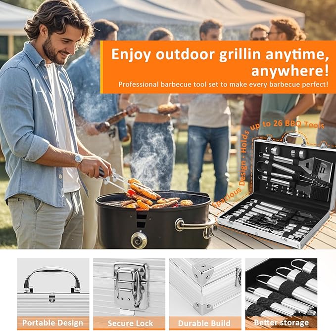 5-Piece BBQ Grill Accessories Set | Ultimate Grilling Tools for Men - Heavy Duty Stainless Steel BBQ Utensils Kit with Aluminum Case & Grill Brush for Dad (5pcs)