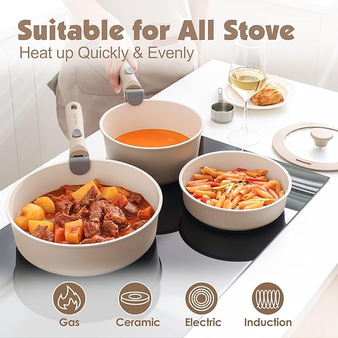 SENSARTE 17 Piece Ceramic Pots and Pans Set, Nonstick Detachable Handle Cookware, Induction Kitchen Cookware Set with Removable Handle, Dishwasher ＆ Oven Safe (Almond Beige)