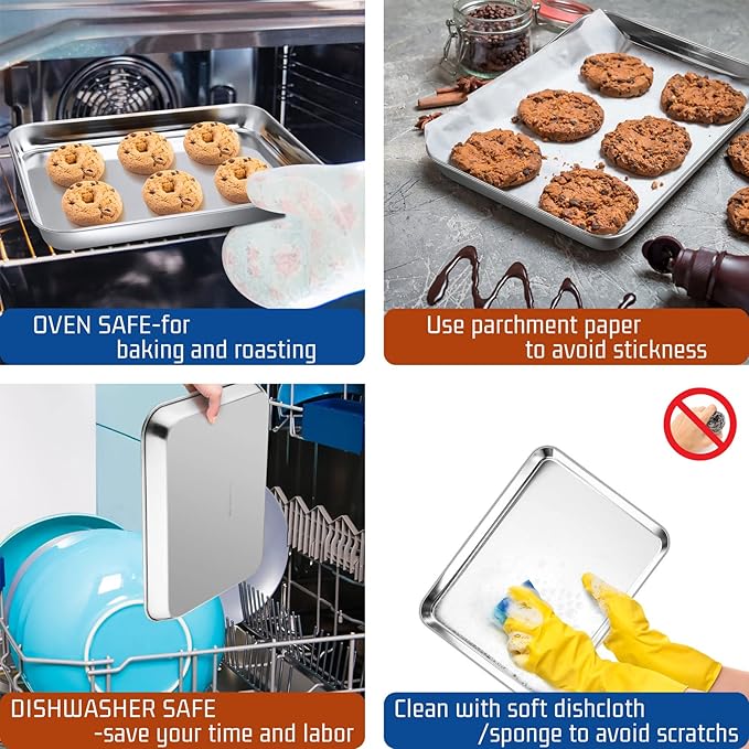 P&P CHEF 10.5 Inch Baking Cookie Sheet, Oven Pan Tray Stainless Steel Sheet Pan for Kitchen, Oven Bakeware for Multi Uses, Shiny Look & Dishwasher Safe, Healthy & Heavy Duty, 4Pcs