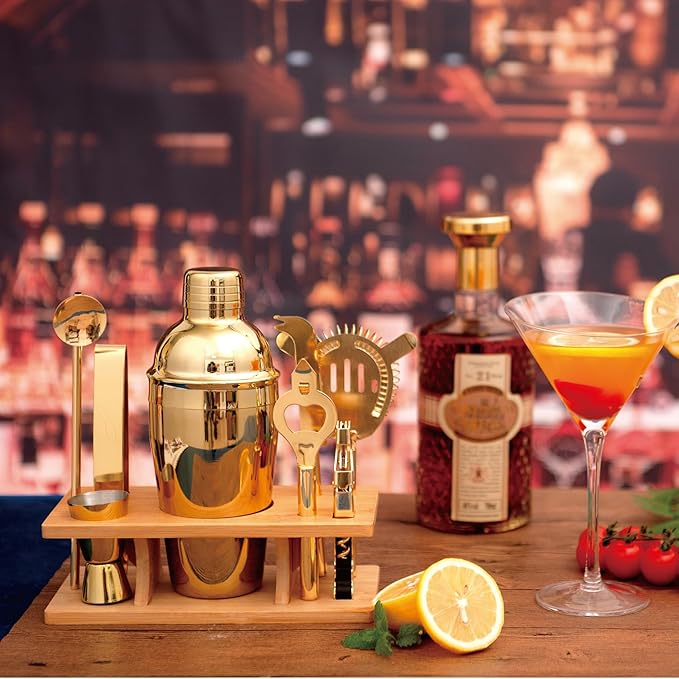 JNWINOG 9Pcs-Cocktail Shaker Set Bartending Kit Cocktail Bar Set Cocktail Mix Drink Making Kit Professional Bar and Home Drink Bar Tools for Bartender (Gold, 9Pcs)