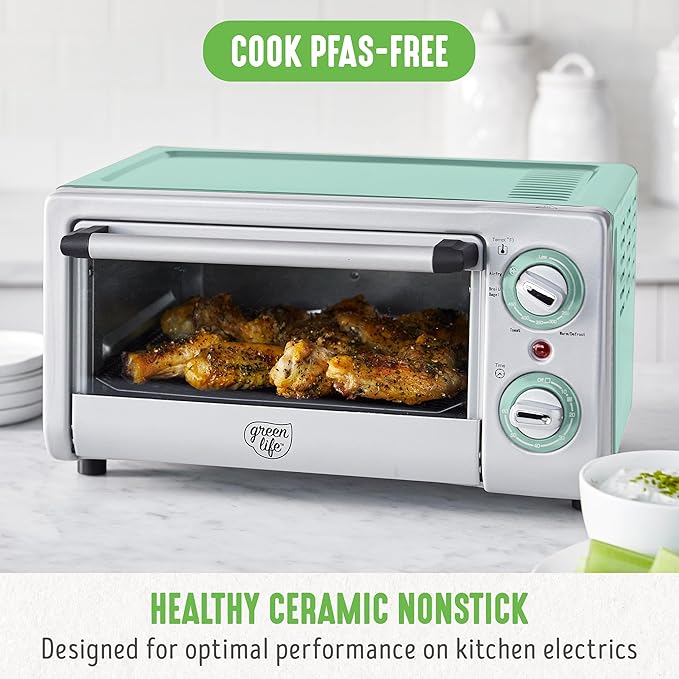 GreenLife Countertop Toaster Oven Air Fryer Stainless Steel, Healthy Ceramic Nonstick, PFAS Free, Tray & Basket, Bake, Broil, Reheat, Adjustable Temp & Time Control, Auto Shutoff, Turquoise