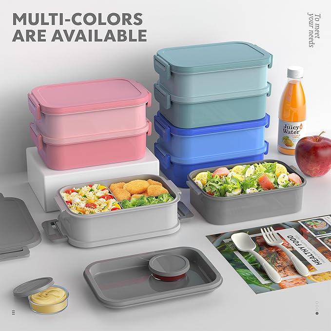 Jelife Adult Bento Box Lunch Box - 3 Layers Stackable Bento Lunch Box for Adults, 72oz Large-Style All-in-One Bento Boxes Leak-Proof Lunchbox with Utensil Sauce Containers for Dining Out,Work, Grey