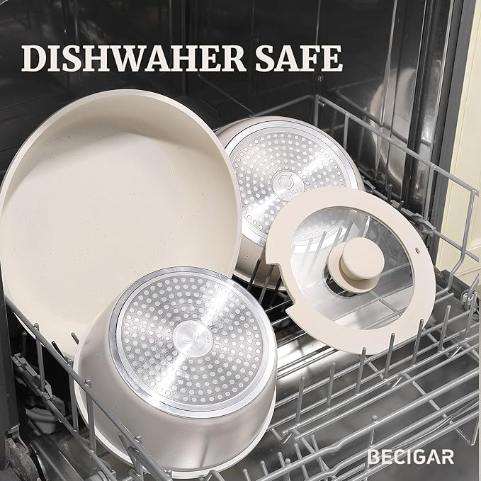 BECIGAR 8pcs Ceramic Pots and Pans Set, Non Stick Cookware Set, Detachable Handle Cookware, Induction Kitchen Cooking Set with Removable Handle,Oven Safe, Induction Fast, Stackable Cookware Set