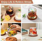 Rotatable Old Fashioned Glass Cup, 275ml/10oz Crystal Whiskey Glass Set of 2, Wood Coaster, Thickening, Used as Rum Glass, Cocktail, Coffee, Milk Cup to Relax and Reduce Stress