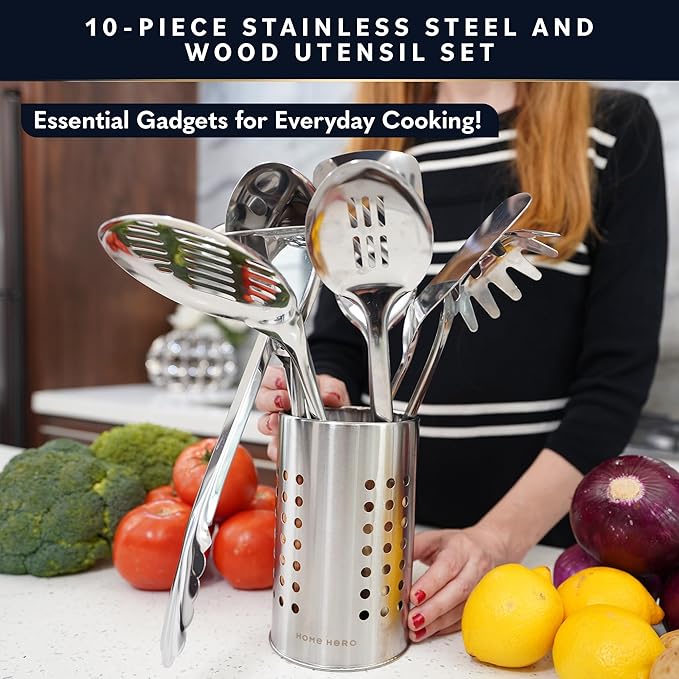 Home Hero Stainless Steel Kitchen Utensils Set - Wood Handle Nonstick Stainless Steel Cooking Utensils Set - Heat Resistant Kitchen Essentials & Metal Kitchen Gadgets (Silver & Wood)