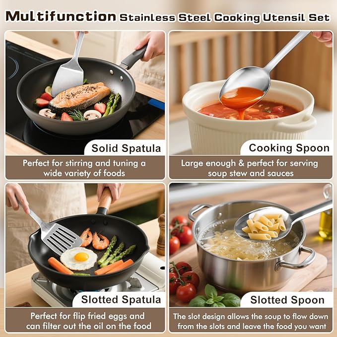4 Pcs Cooking Utensils Set, Stainless Steel Kitchen Utensils, Heat Resistant Metal Kitchen Tools Include Solid & Slotted Turner Wok Spatula, Serving Spoon, Ergonomic Handle, Easy to Clean, Silver