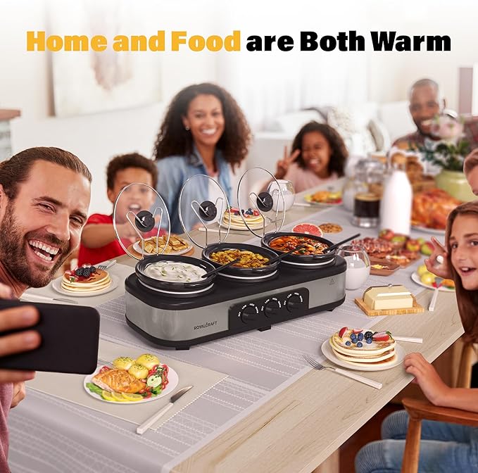 Sunvivi Slow Cooker with 10 Cooking Liners, Triple Slow Cooker Buffet Server 3 Pot Food Warmer for Parties with 3 Spoons ? Lid Rests,Adjustable Temp, 3 * 1.5 Quarts Silver