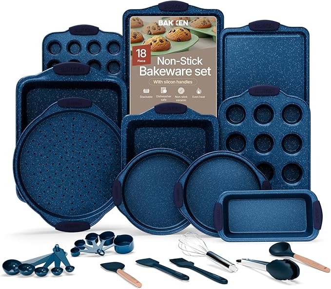 BAKKEN Kitchen Baking Pan Set - Nonstick Coating, Carbon Steel Bakeware Sets with Blue Silicone Handles, Baking Kitchen Essentials, PFOA, PFOS, PTFE Free, Oven Safe Tray (Up To 450° F), Set of 18