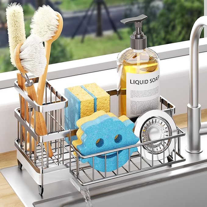 Consuemst Sponge Holder for Kitchen Sink - Auto Draining Sink Caddy Organizer with Detachable Rack, High Brush Holder, Kitchen Countertop Storage Accessories, Silver
