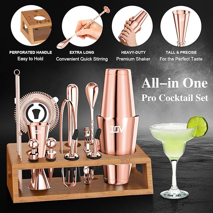 IOV Mixology Bartender Kit Bar Set with Stand | 17-Piece Cocktail Shaker Set | 28oz Boston Shaker Drink Mixer Set with All Essential Accessory Tools | Fun Housewarming Gift (Rose Gold)
