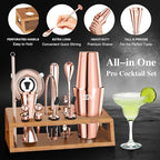 IOV Mixology Bartender Kit Bar Set with Stand | 17-Piece Cocktail Shaker Set | 28oz Boston Shaker Drink Mixer Set with All Essential Accessory Tools | Fun Housewarming Gift (Rose Gold)