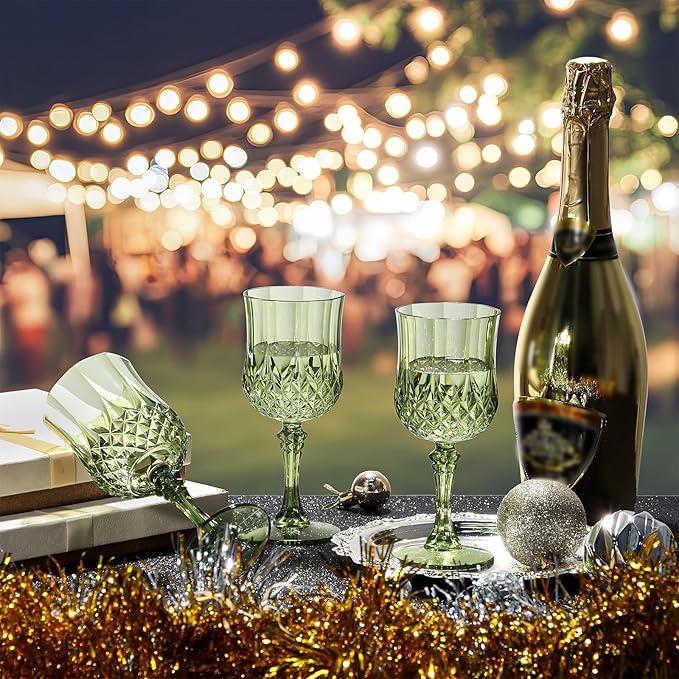 XUWAIDSGN 24 Pcs 7oz Plastic Vintage Wine Glasses Drinking Glasses Unbreakable Wedding Glassware Crystal Water Goblets Reusable Drinkware Vintage Champagne Flutes (24, Dark Green)
