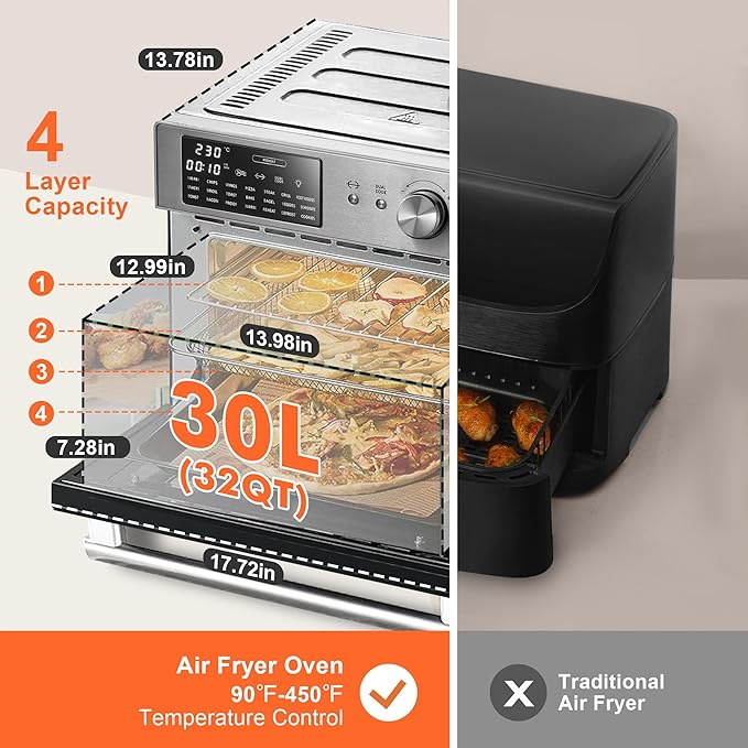 Kitchen in the box 32QT Extra Large Air Fryer Toaster Oven Combo, 21-in-1 Countertop Convection Toaster Oven with Rotisserie and Dehydrate, 6 Accessories, 1800W Dual Cook Preset (Silver)
