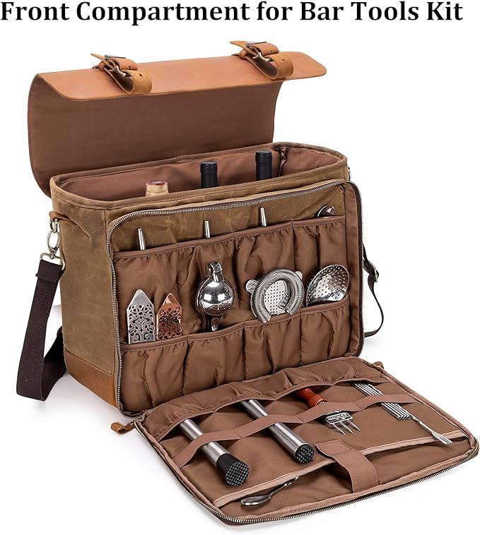 Lodrid Vintage Bartender Kit Bag with Flexible Compartments for Wine, Leather Waxed Canvas Bartender Tote with Removable Dividers, Bar Bag with Handle and Shoulder Strap, Case Only, Patent Design