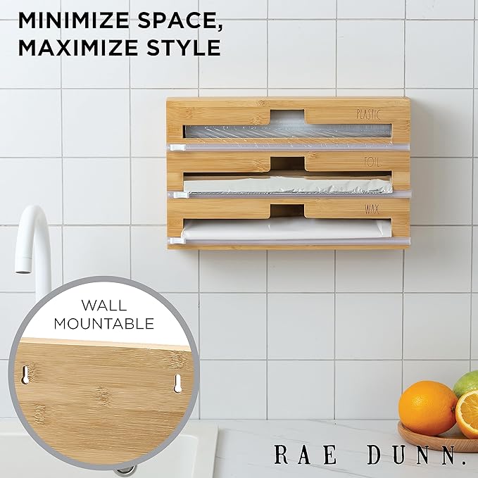 Rae Dunn Bamboo Bag Organizer for Kitchen Drawer - Durable Wood Organizer for Kitchen Storage - Holds Gallon, Quart, Snack, Sandwich Size Baggies, Plastic Wrap and Foil